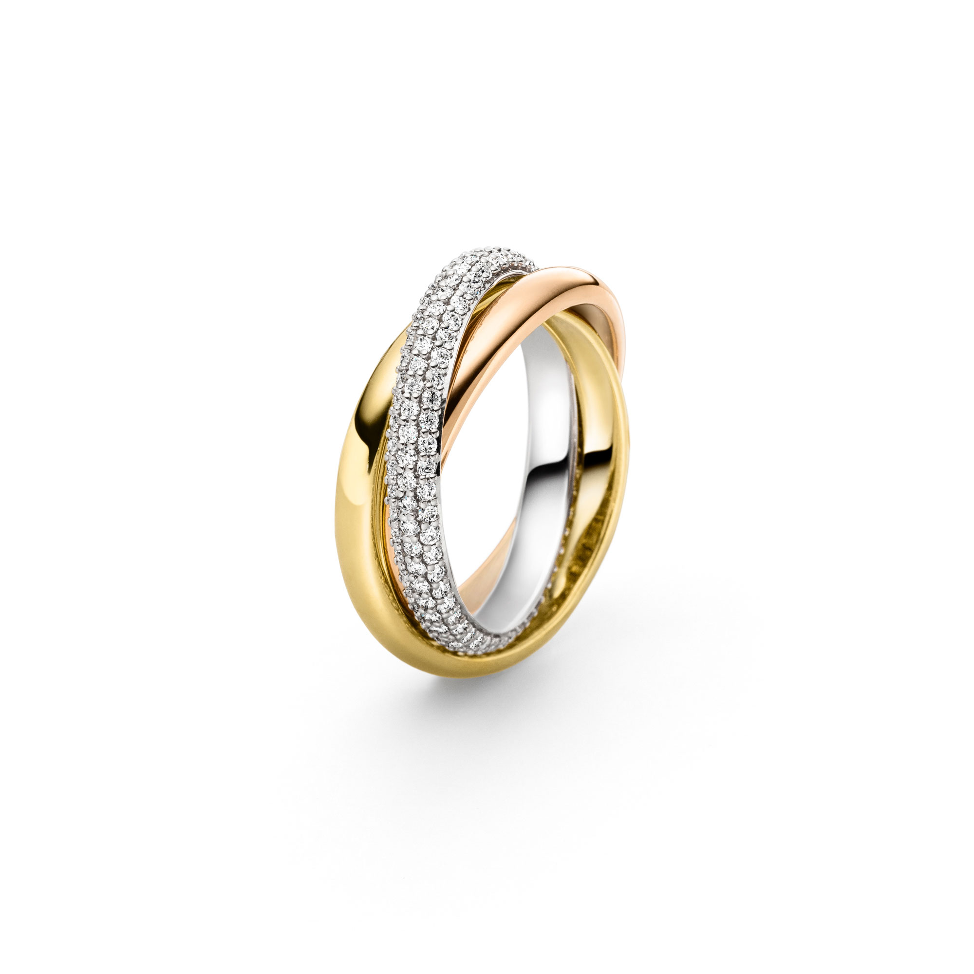 Gedrehter Goldring dreifarbig mit Diamantbesatz von Paukner bei Juwelier Fridrich in München